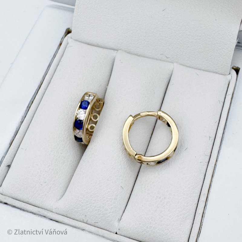 Žluté zlato náušnice kroužky modro-bílé